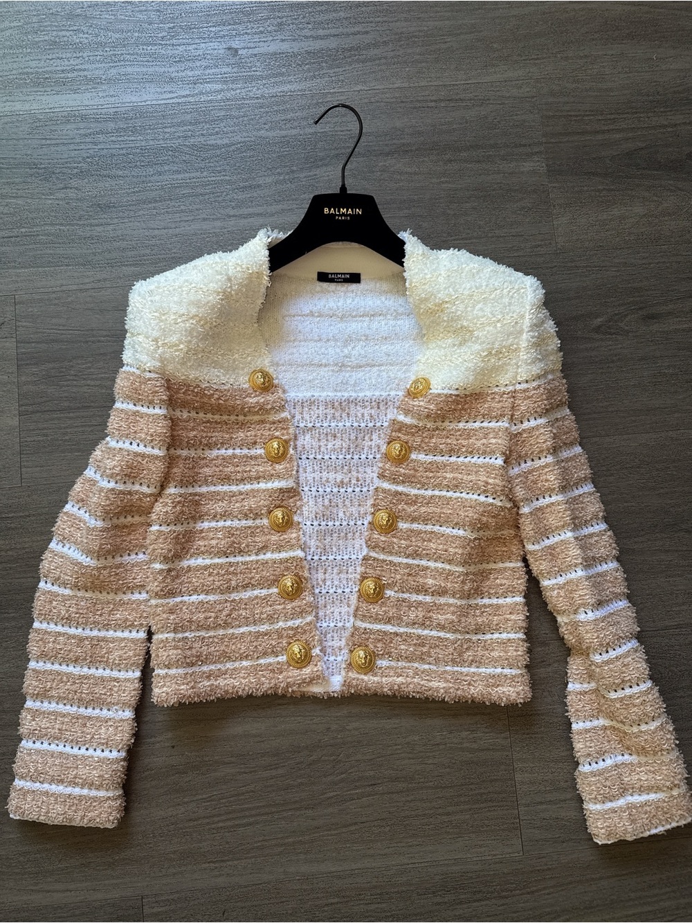 Balmain Cream and Beige Striped Bouclé Blazer with Gold Buttons